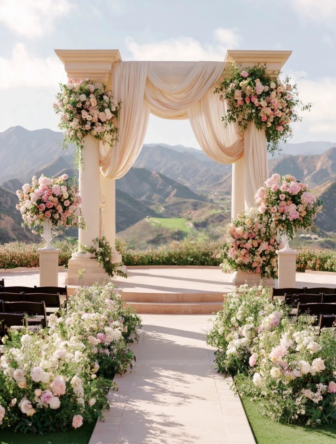 Outdoor wedding arch floral scene
